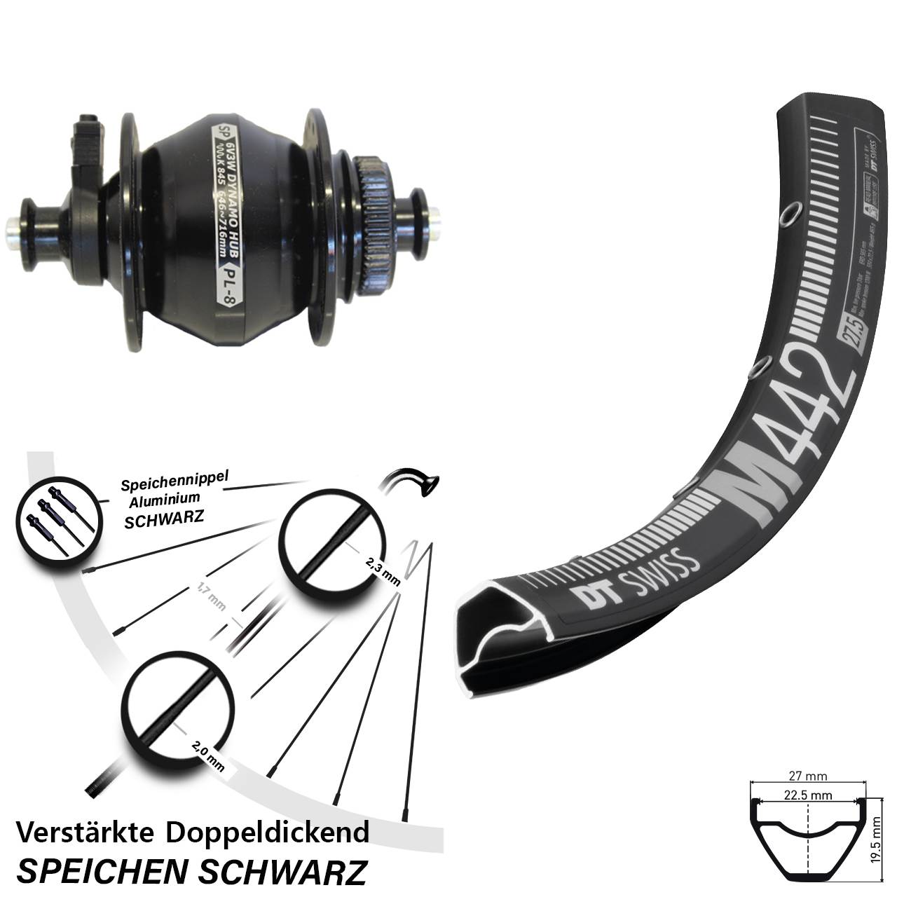 DT Swiss M 442 Shutter PL-8 28-29 Zoll Disc Laufrad mit Nabendynamo QR