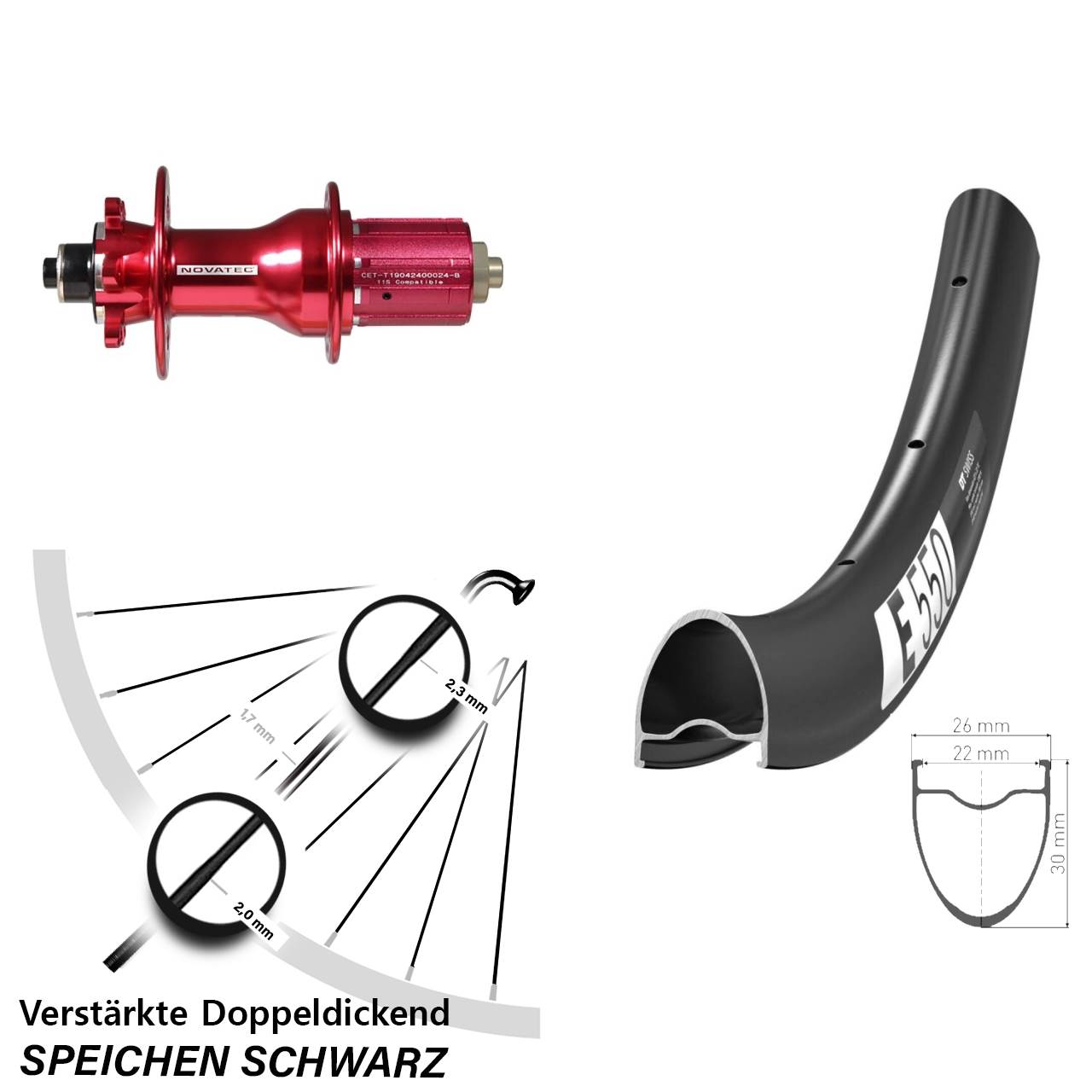 28 Zoll DT Swiss E 550 Novatec D792 Disc Hinterrad QR 8-12 fach HG