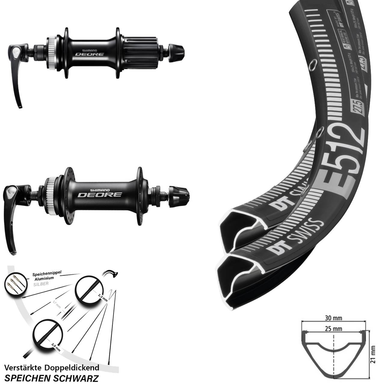 DT Swiss E 512 Shimano FH-M6000 HB-M6000 27,5 Zoll Centerlock Laufradsatz QR 8-11 fach
