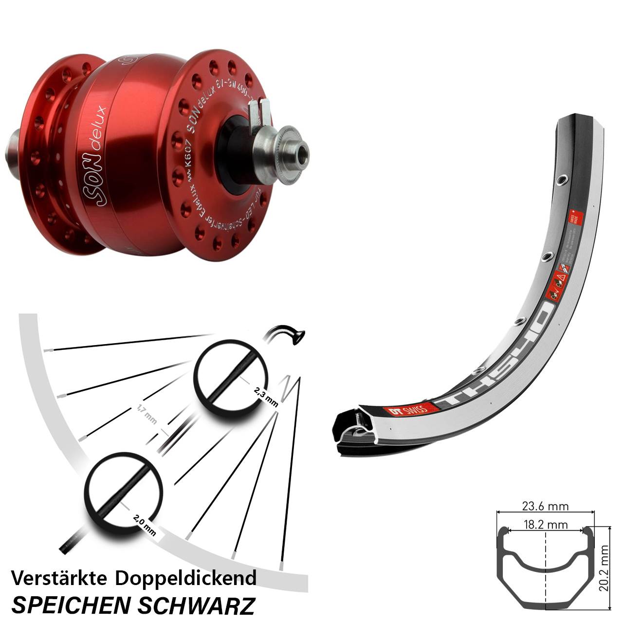Nabendynamovorderrad für Schnellspanner 28 Zoll DT Swiss TK540 SONdelux rot