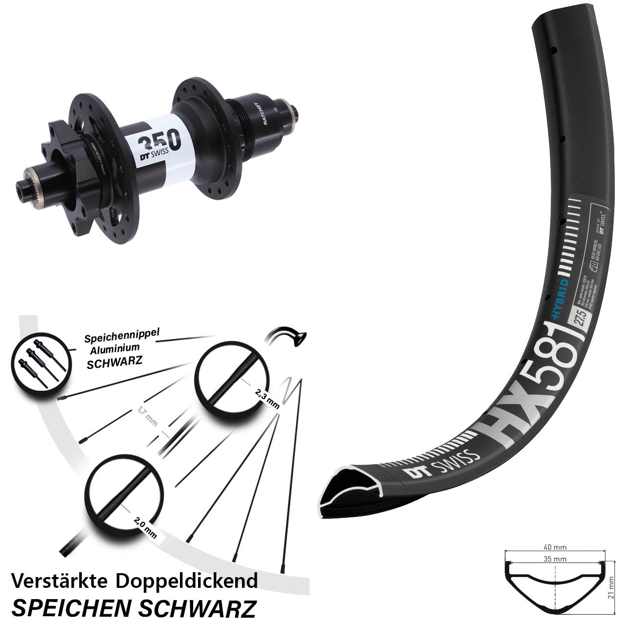 27,5 Zoll DT Swiss HX 581 350 Hinterrad 6-Loch für Schnellspanner XD 11-12 fach