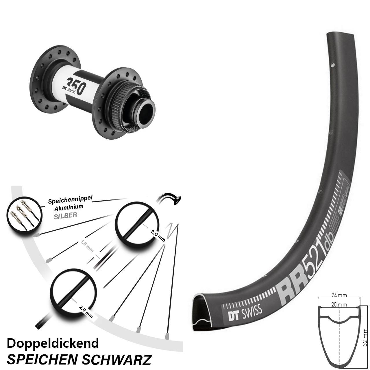 28 Zoll DT Swiss RR 521 350 Disc Vorderrad 15x100