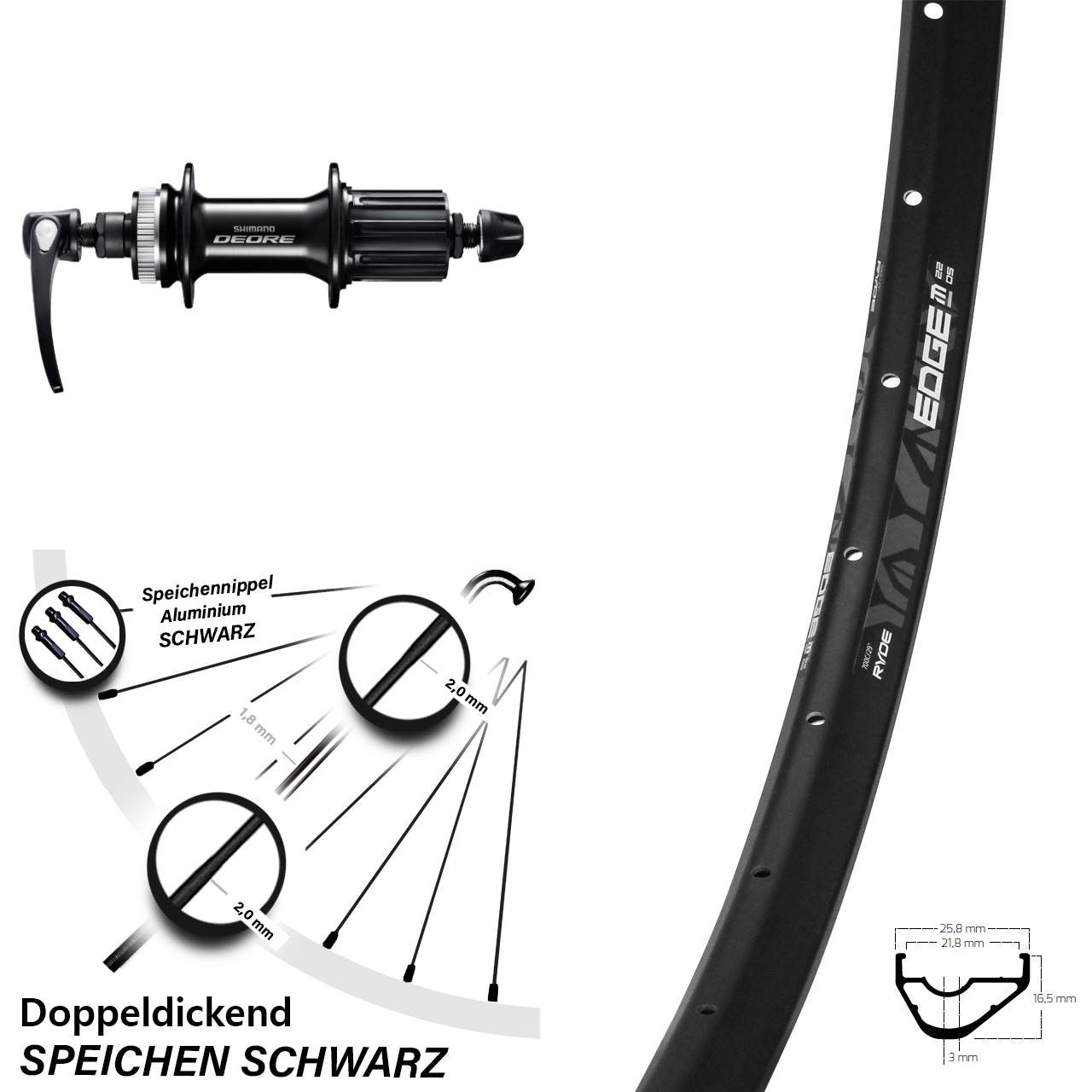 Disc Laufrad 28 Zoll Ryde Edge M22 Shimano FH-M6000 8-11 fach für Schnellspanner