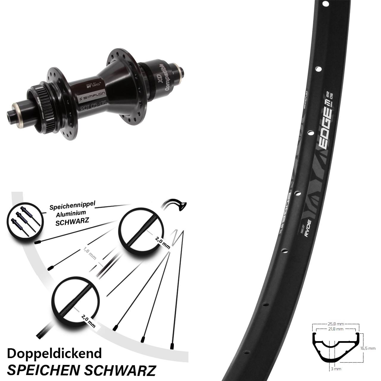 Centerlock Hinterrad QR 29 Zoll Ryde Edge M22 DT Swiss 370 XD