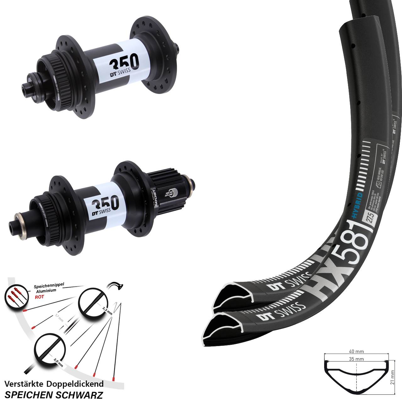27,5 Zoll DT Swiss HX581-350 Disc Laufradsatz QR Shimano Micro Spline
