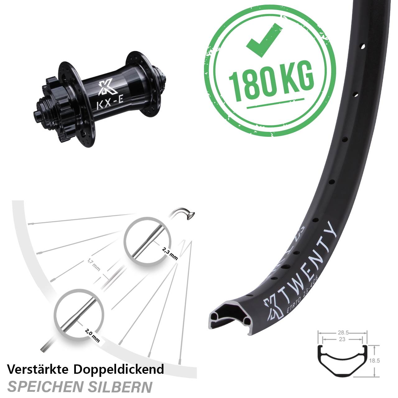 KX-E Twenty Disc Vorderrad 20 Zoll schwarz verstärkt Cargo 5x100 mm 6-Loch