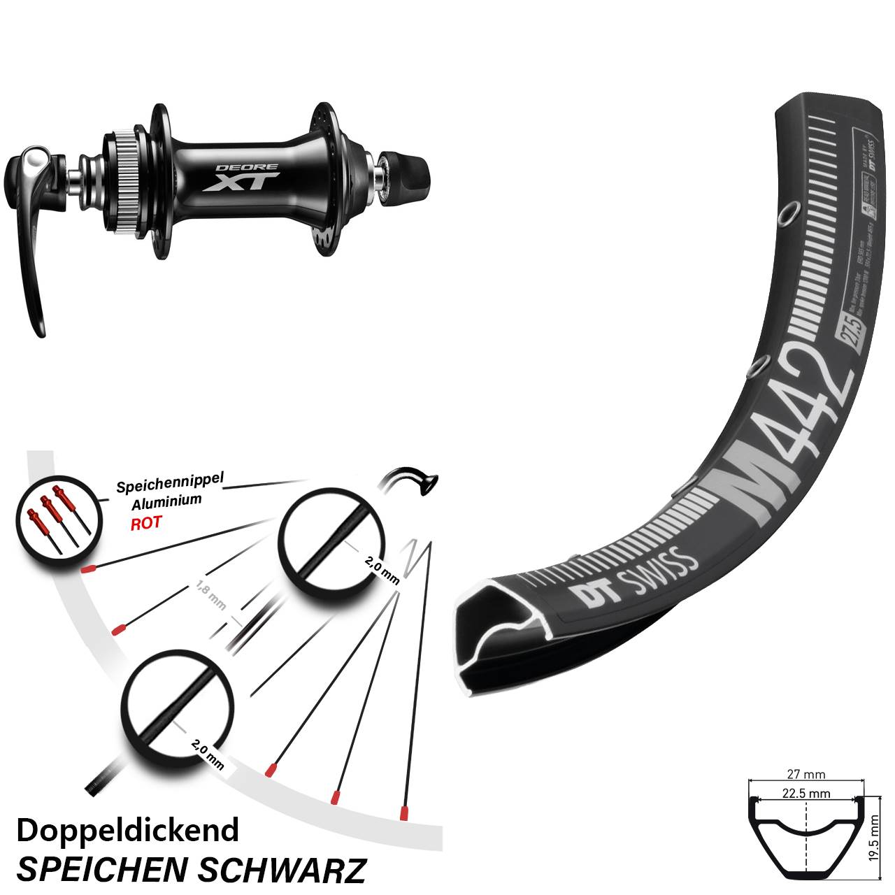 Shimano Deore XT HB-M8000 DT Swiss M 442 Vorderrad 29 Zoll Centerlock Schnellspanner