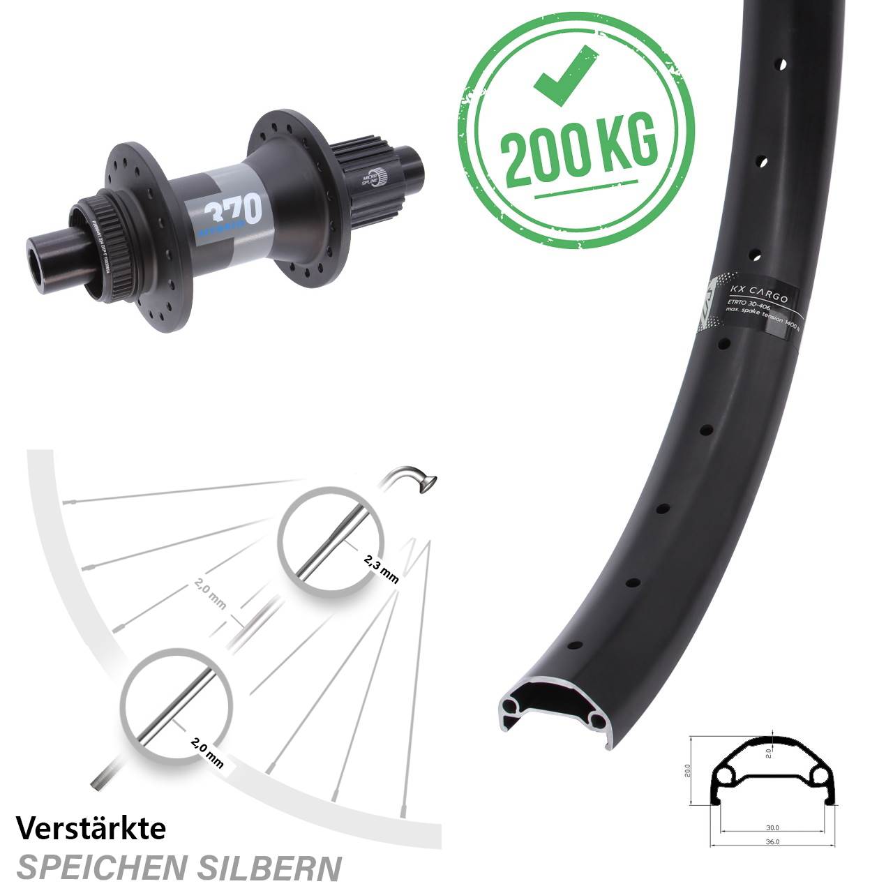 Disc Hinterrad 12x148 20 Zoll KX Cargo DT Swiss 370 Hybrid Micro Spline