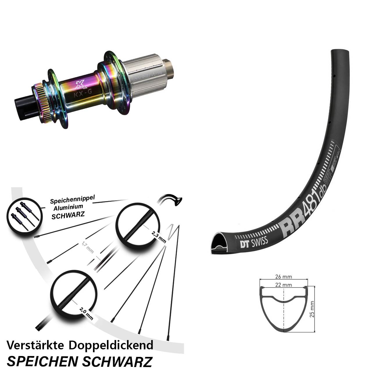 Disc Laufrad 28 Zoll DT Swiss RR481 KX-G Oilslick 8-12 fach HG 12x142