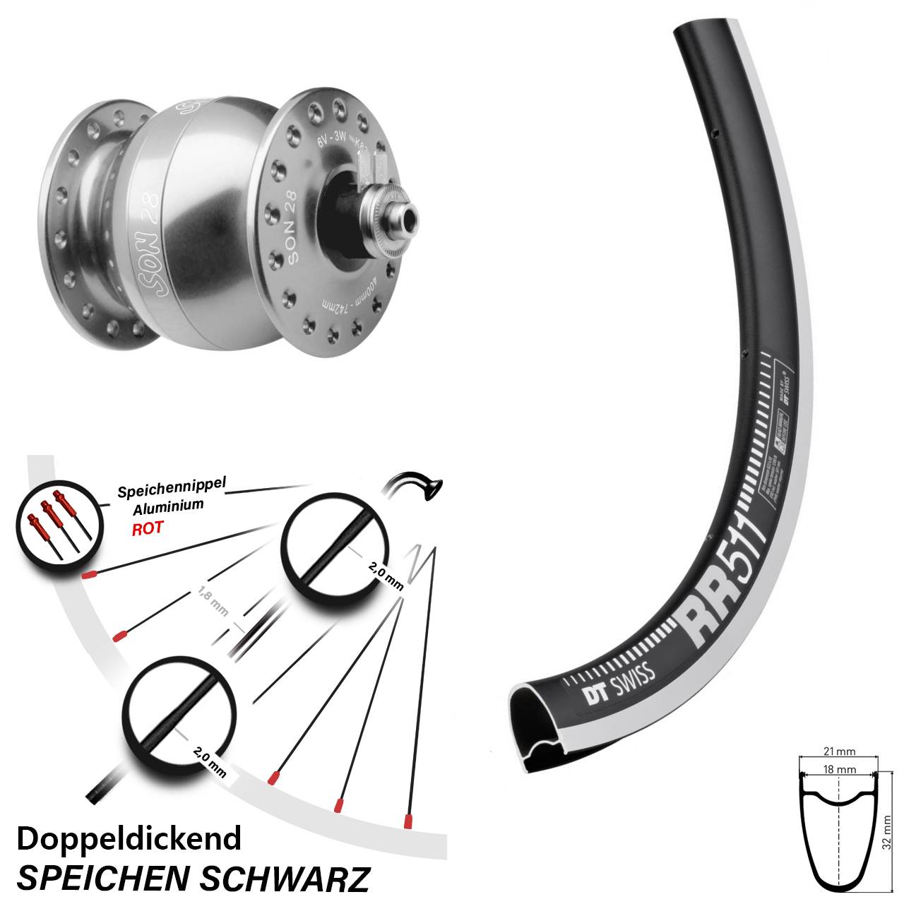 DT Swiss RR511 SON 28 Zoll Dynamo-Vorderrad für Schnellspanner