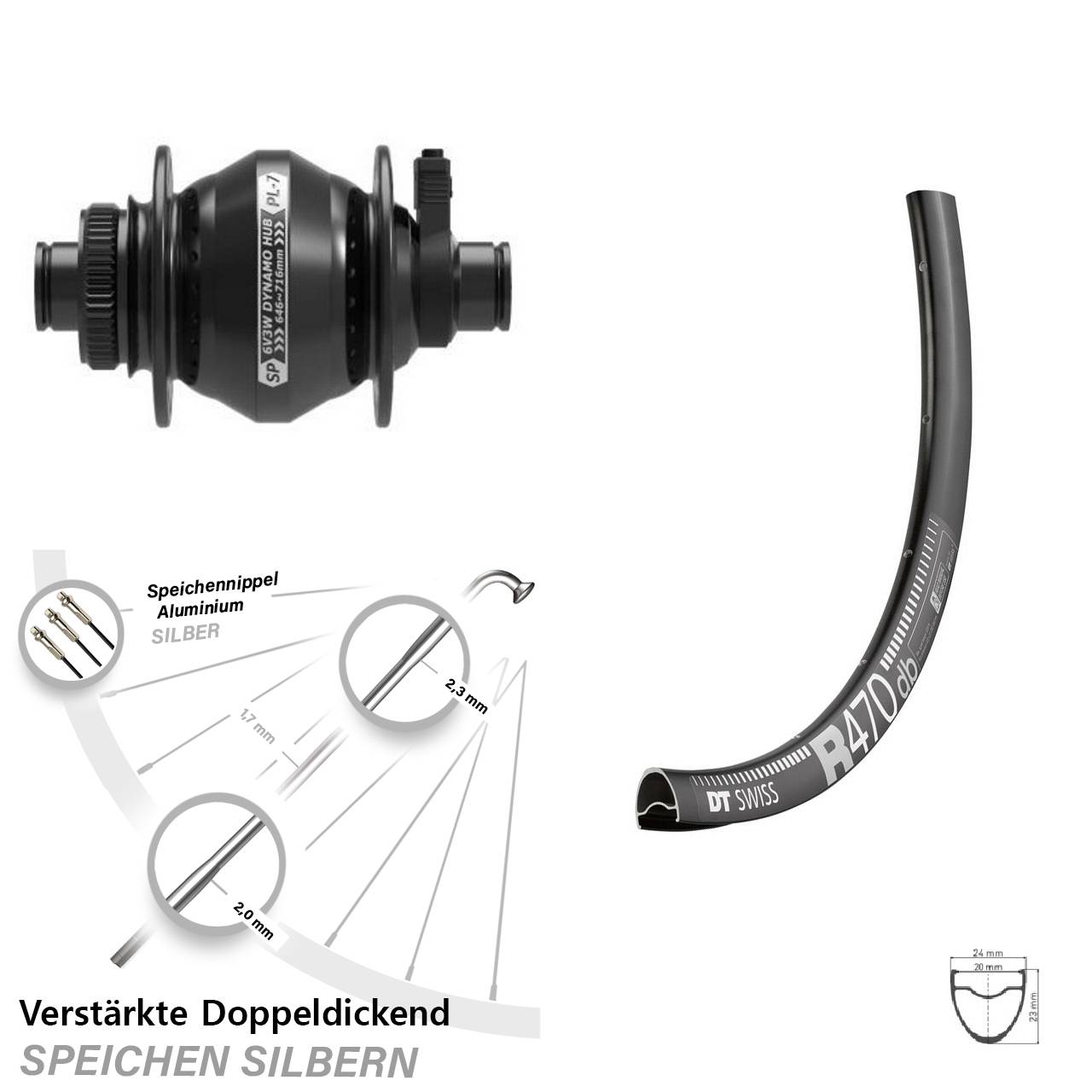Nabendynamovorderrad Centerlock 12x100 28 Zoll DT Swiss R470 Shutter Precision PL-7