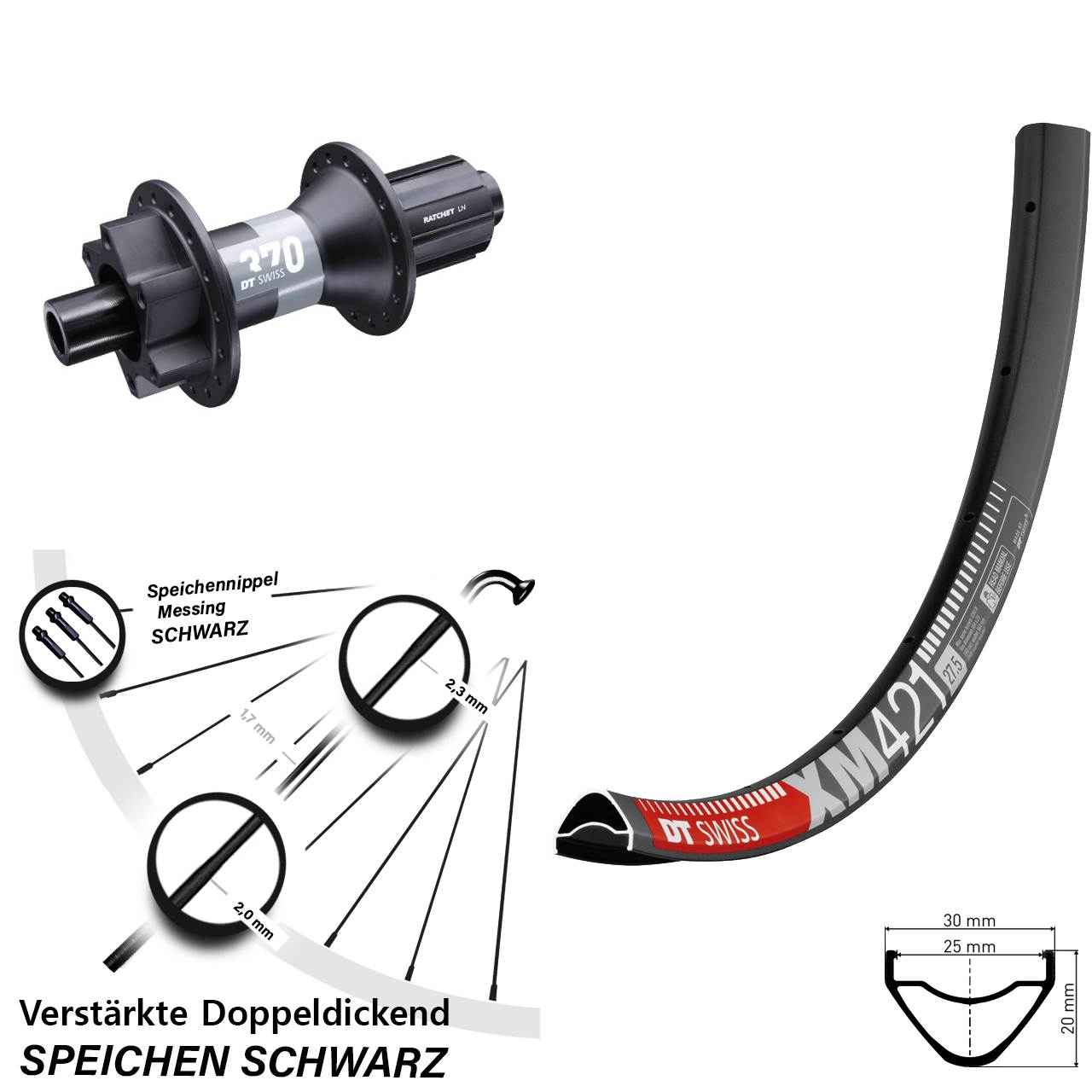 DT Swiss XM 421-370 27,5 Zoll 6-Loch Hinterrad 12x148 8-11 fach