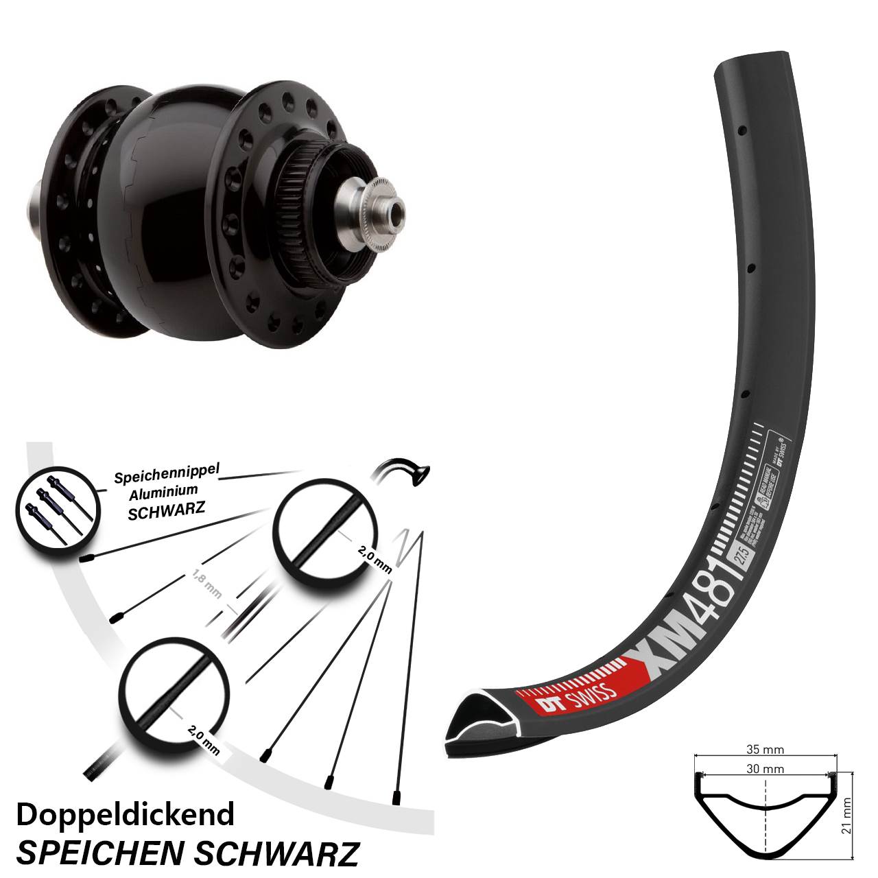 Nabendynamo-Vorderrad Centerlock 27,5 Zoll DT Swiss XM 481 SON 28 QR