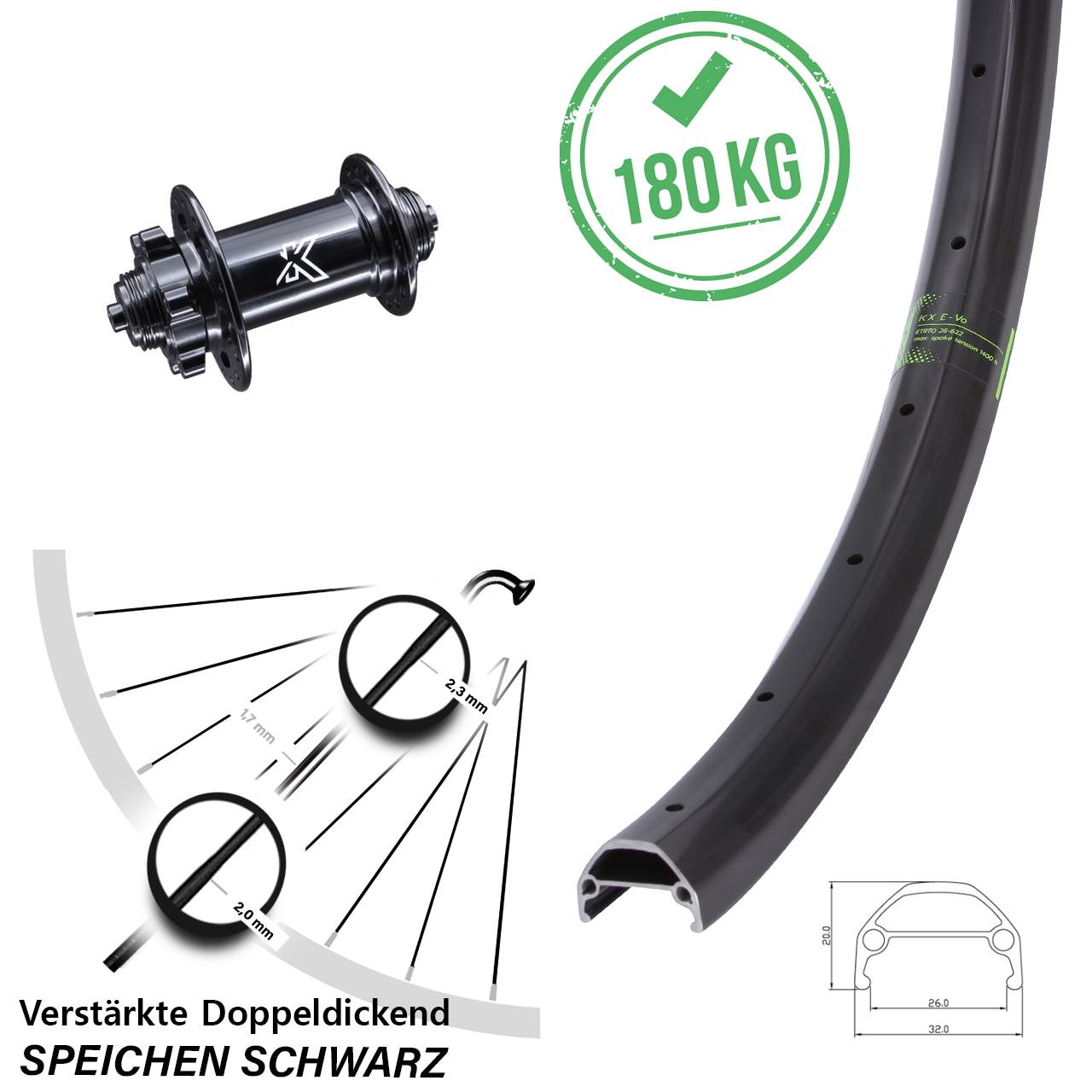 26 Zoll Vorderrad verstärkt 5x100 mm Schnellspanner Disc 6-Loch KX-M Evo