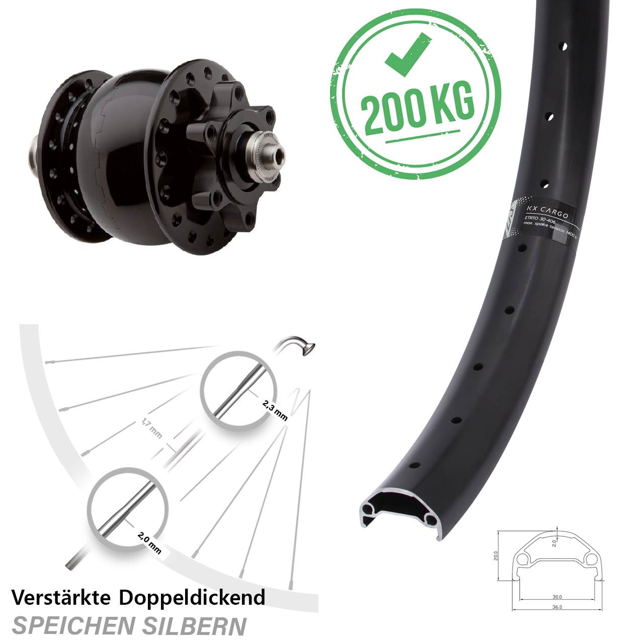 20 Zoll Vorderrad verstärkt Nabendynamo SON 28 schwarz KX-Cargo 30-406 ETRTO Lastenrad