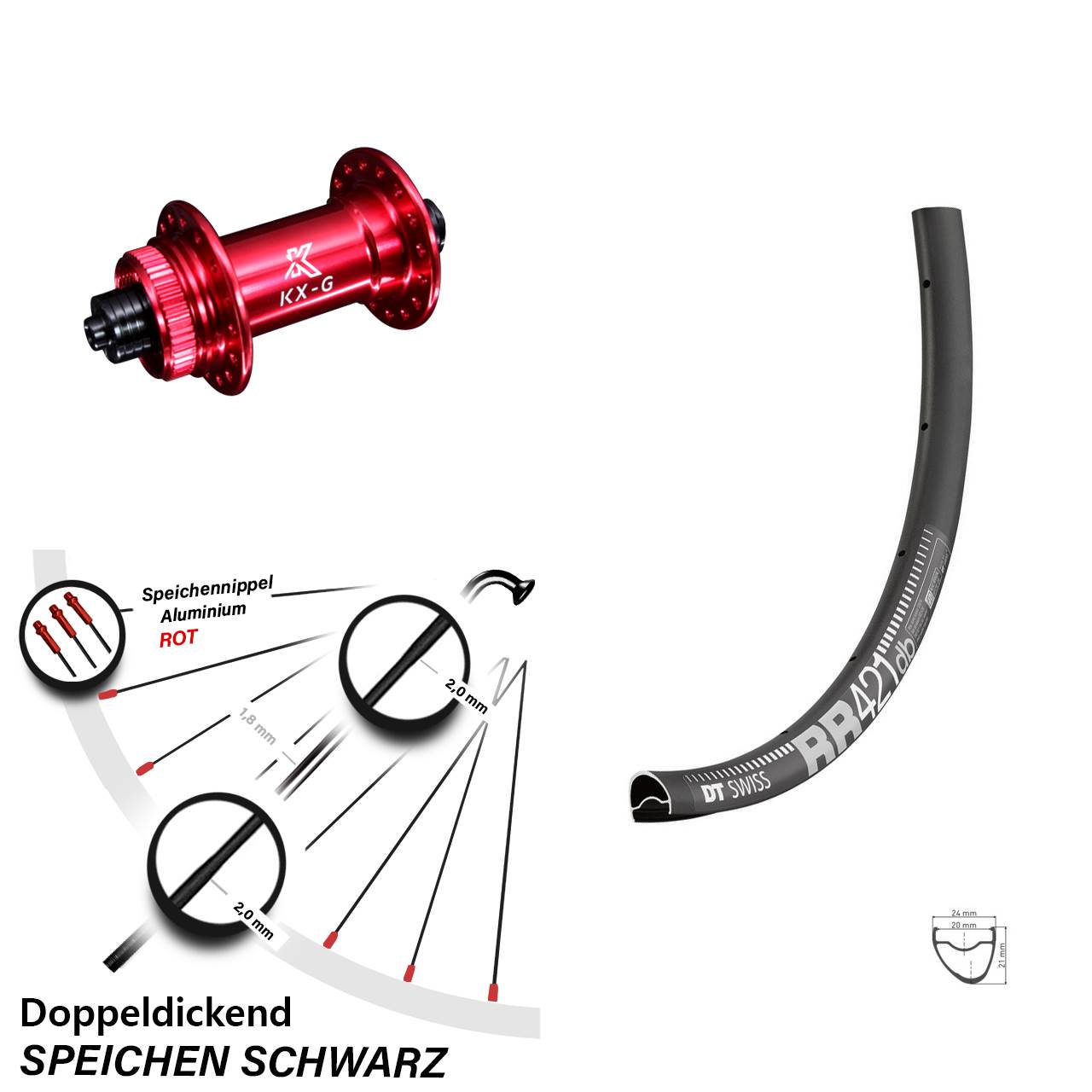 28 Zoll Vorderrad KX-G Nabe rot-eloxiert mit DT Swiss RR 421 DB