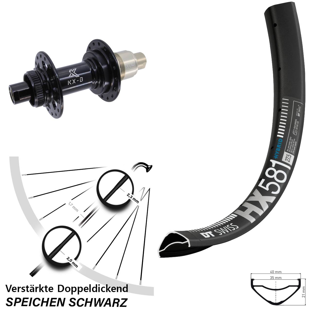 DT Swiss HX581 KX-B 27,5 Zoll Disc Hinterrad 12x148 SRAM XD