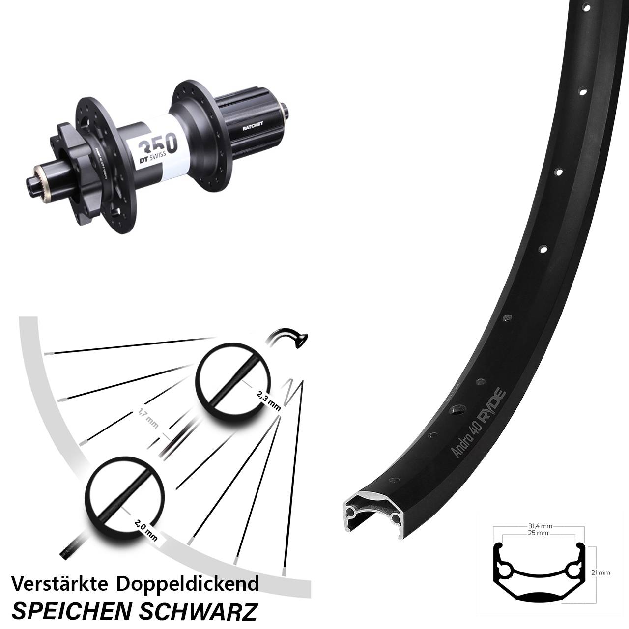 Ryde Andra 40 DT Swiss 350 20 Zoll Disc Hinterrad QR 8-11 fach