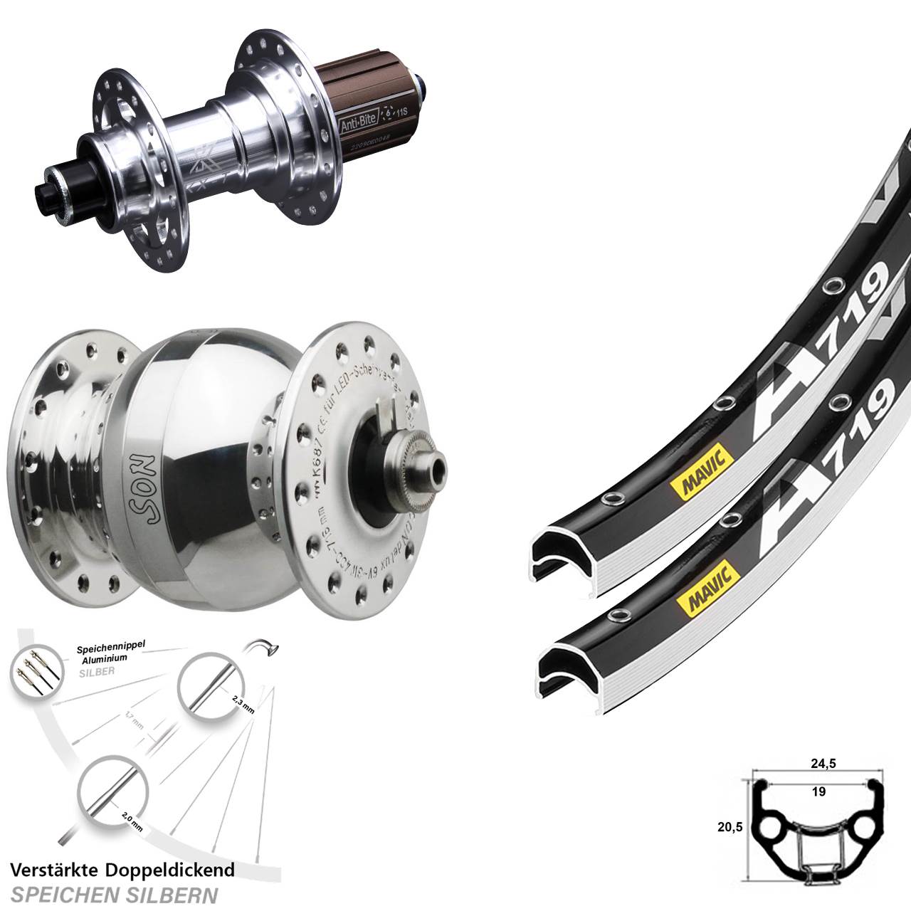 28 Zoll Mavic A 719 KX-T SON delux wide body Laufradsatz für Schnellspanner 8-12 fach