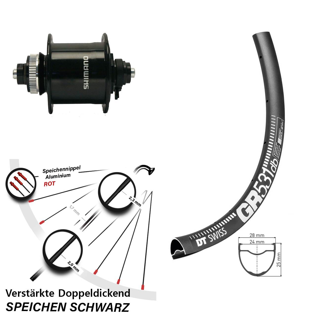 Vorderrad mit Nabendynamo Shimano DH-UR700 DT Swiss GR 531 DB Centerlock 28-29 Zoll