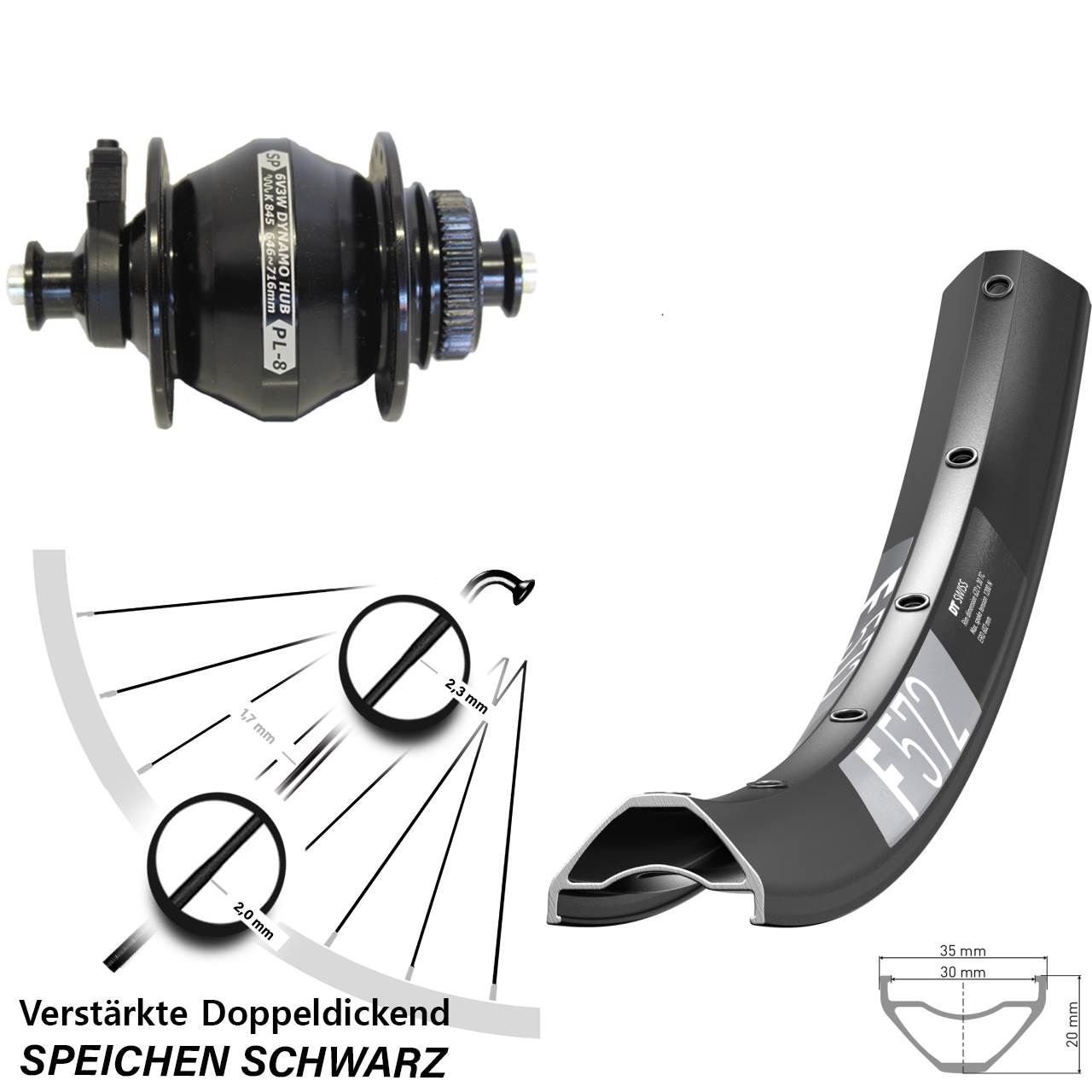 Disc Nabendynamovorderrad 27,5 Zoll DT Swiss F572 Shutter Precision PL-8 QR