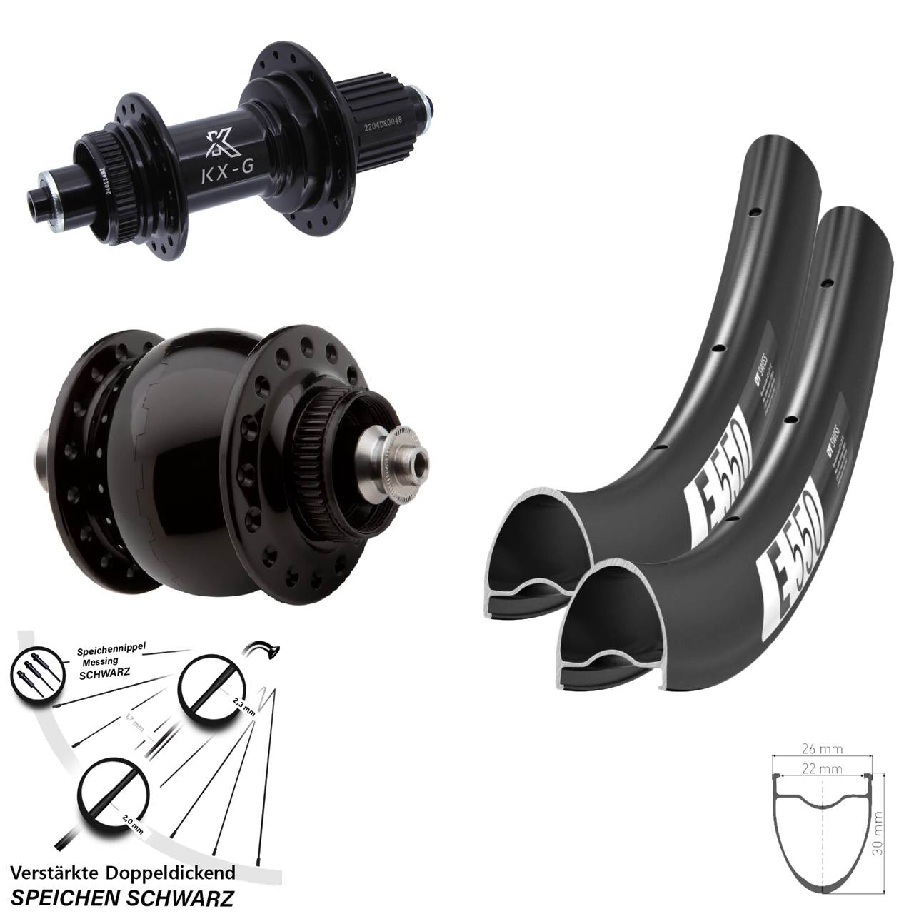 Laufradsatz Disc 28 Zoll DT Swiss E550 KX-GS verstärkt SONdelux Shimano Micro Spline QR