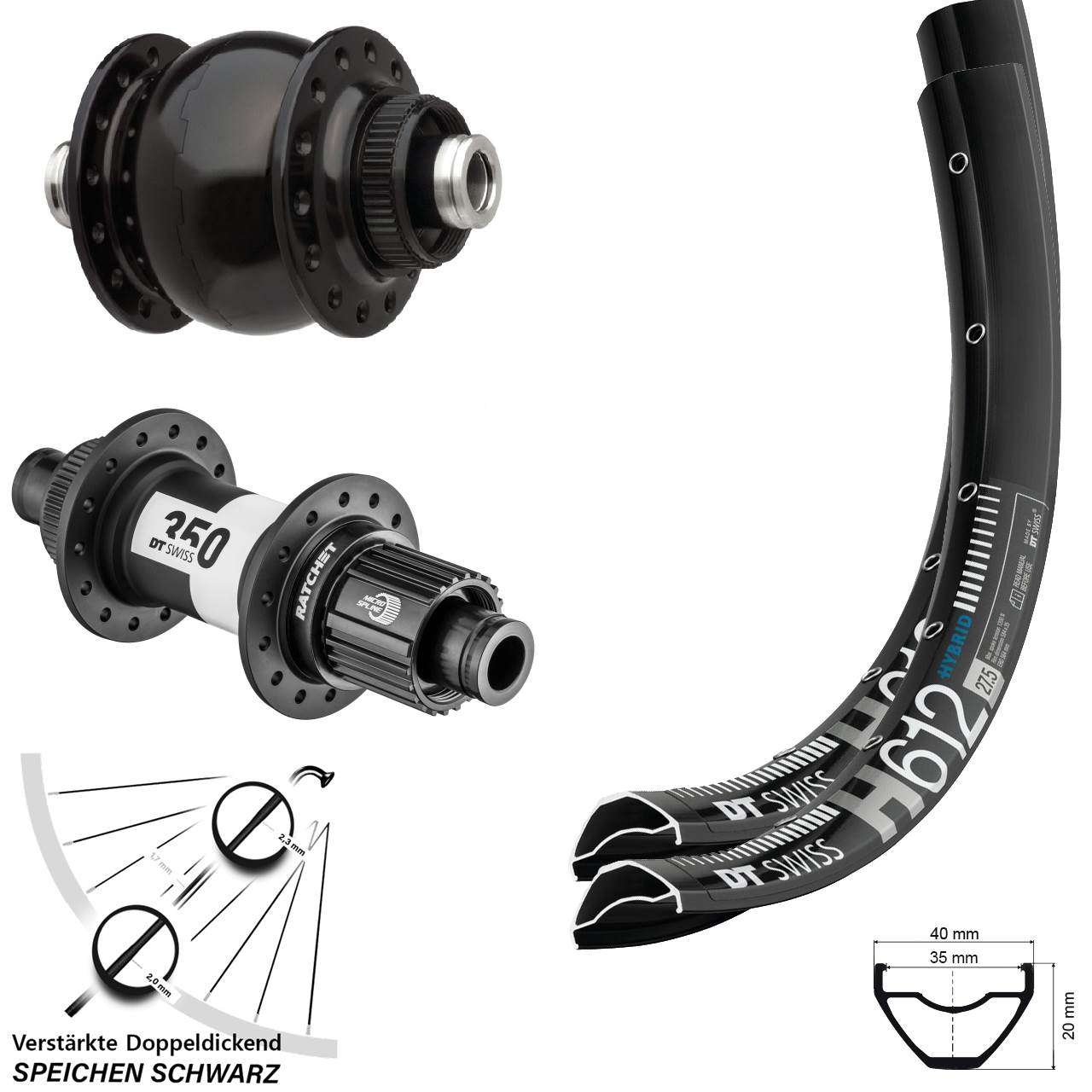 DT Swiss H 612 350 SONdelux 27,5 Zoll Disc Laufradsatz 12x100/142 Shimano Micro Spline