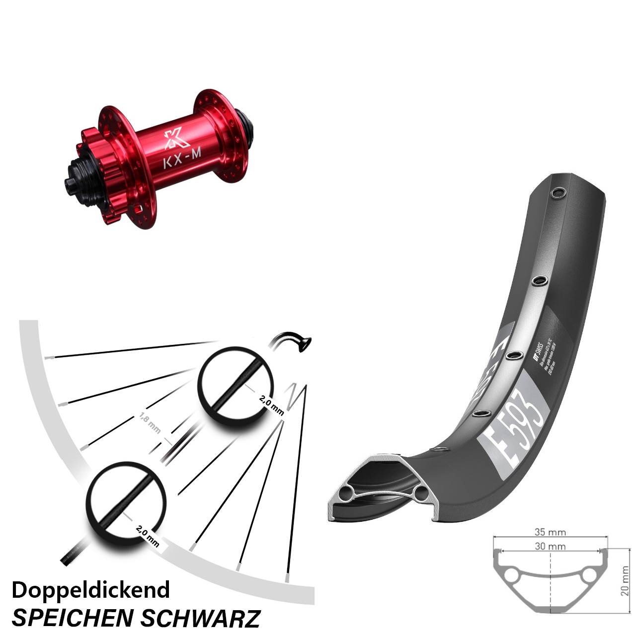 29 Zoll MTB DT Swiss E593 Disc KX-M 6-Loch Vorderrad QR