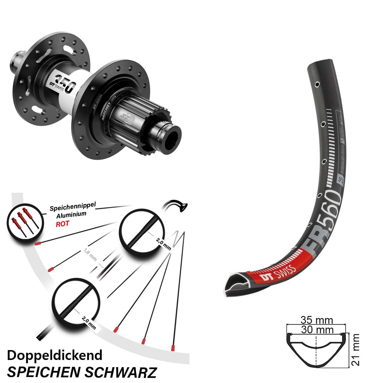 26 Zoll DT Swiss FR560-350 DEG72 Disc Laufrad 12x148 Shimano Micro Spline
