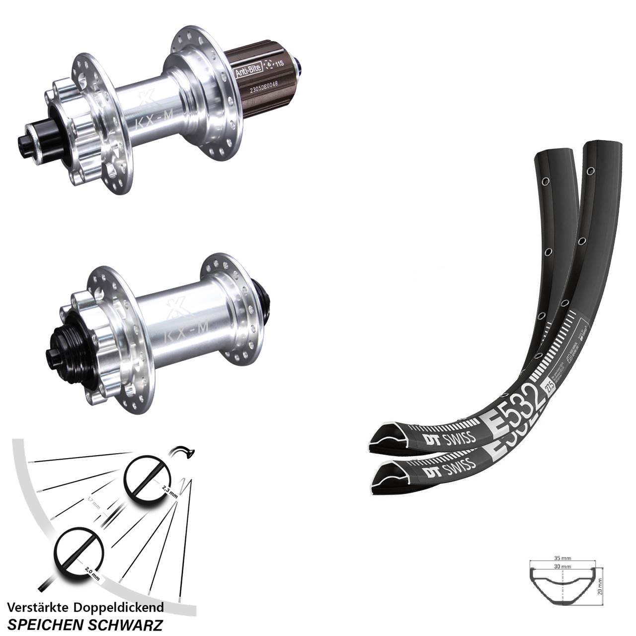 Laufradsatz 6-Loch 27,5 Zoll DT Swiss E532 KX-M 8-12 fach HG für Schnellspanner