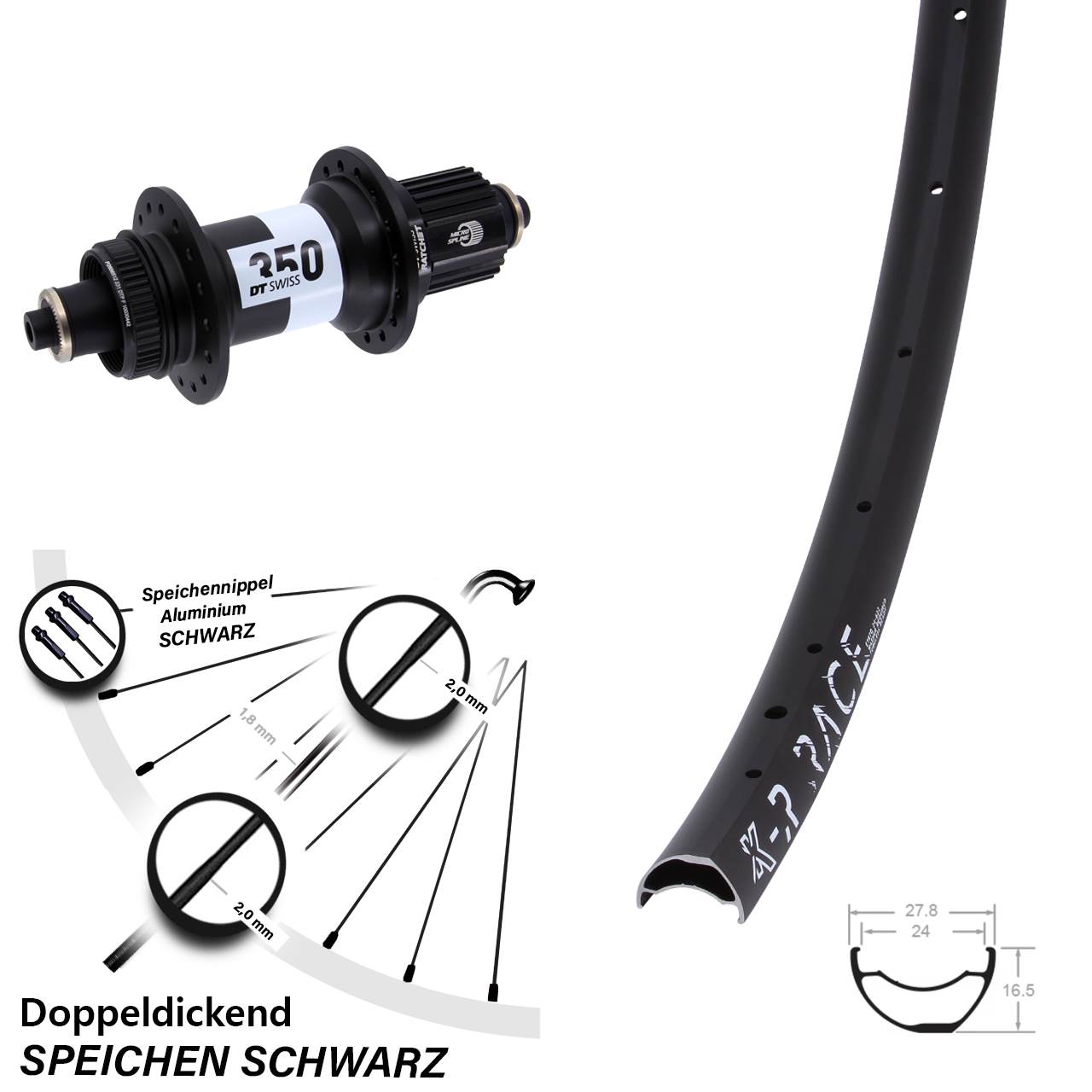 28 Zoll KX-R Race DT Swiss 350 Centerlock Hinterrad für Schnellspanner Shimano Micro Spline