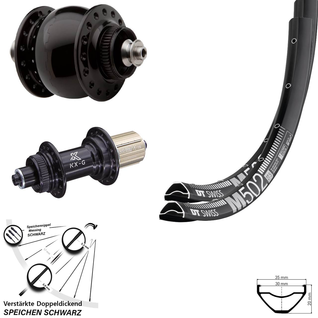 27,5 Zoll DT Swiss M 502 KX-G SON 28 Laufradsatz Centerlock für Schnellspanner 8-12 fach