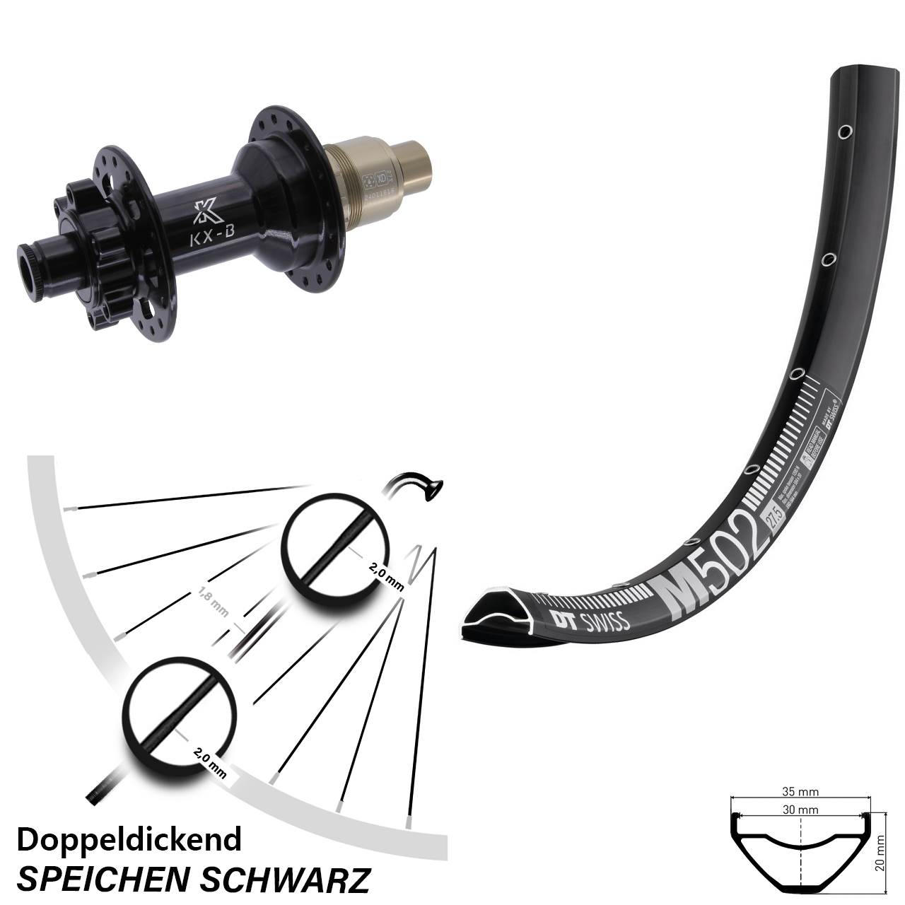 DT Swiss M 502 27,5 Zoll Hinterrad KX-B 6-Loch XD 12x148