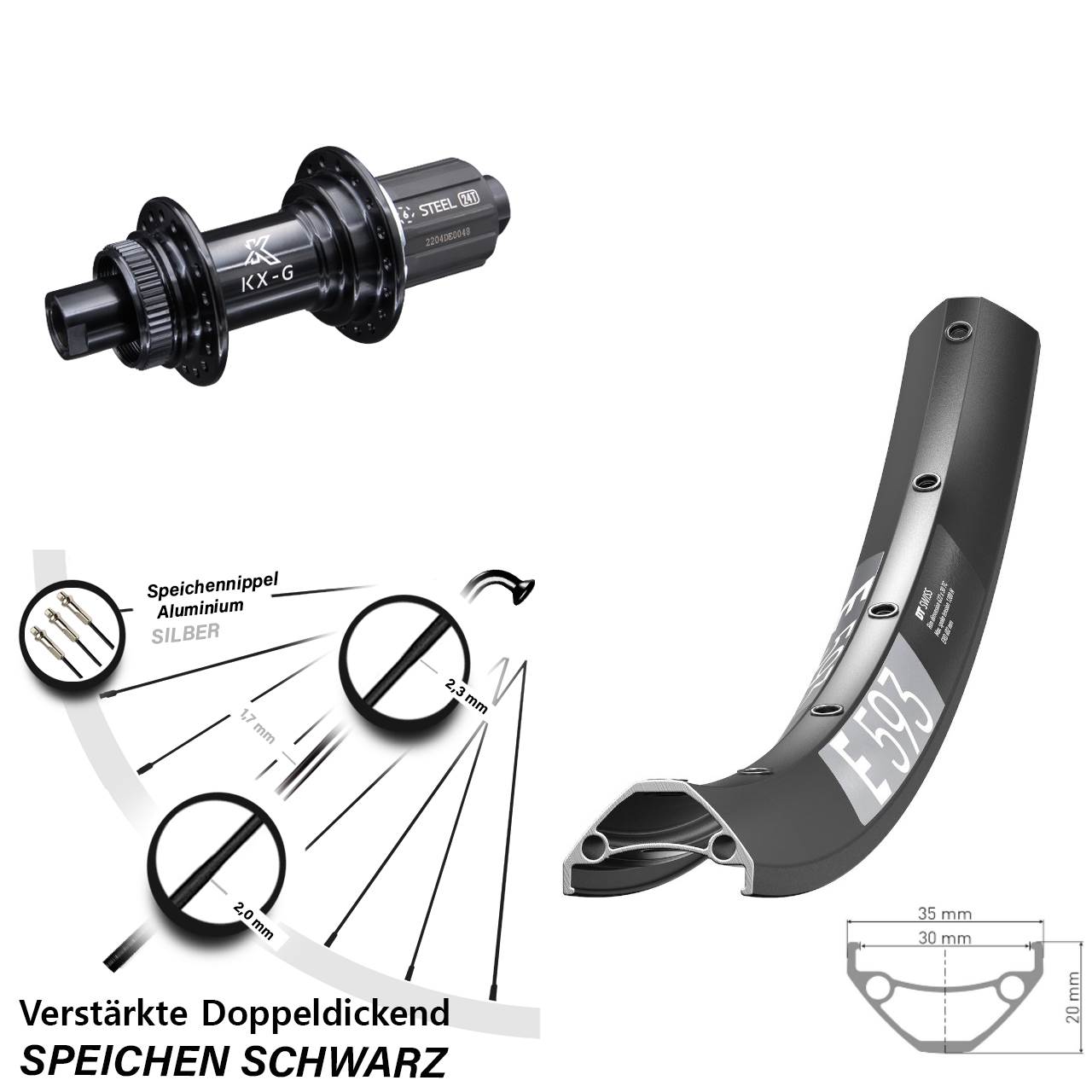 29 Zoll DT Swiss E 593 KX-GS verstärkt Disc Hinterrad 12x142 8-12 fach