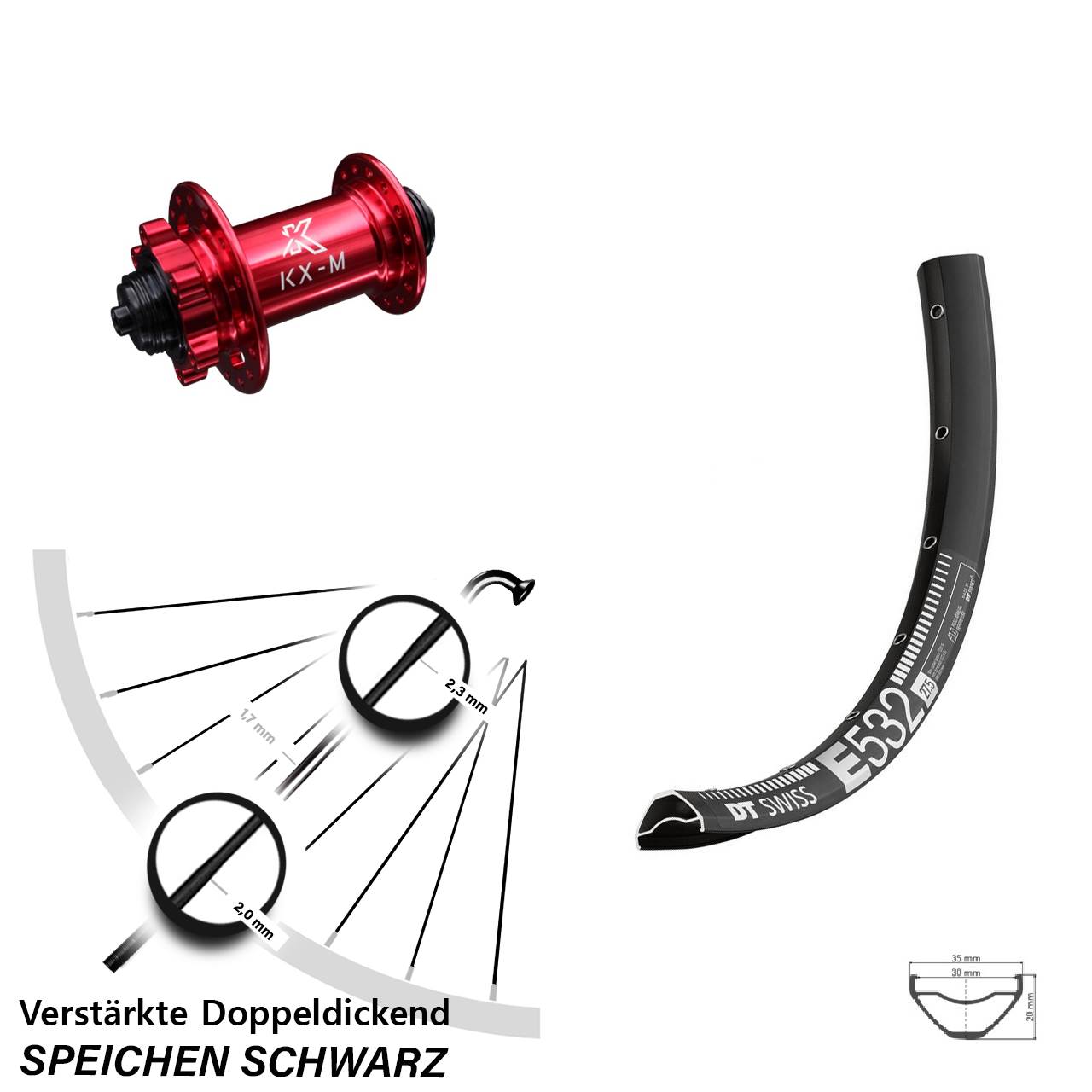 Vorderrad 6-Loch 27,5 Zoll DT Swiss E532 KX-M rot für Schnellspanner
