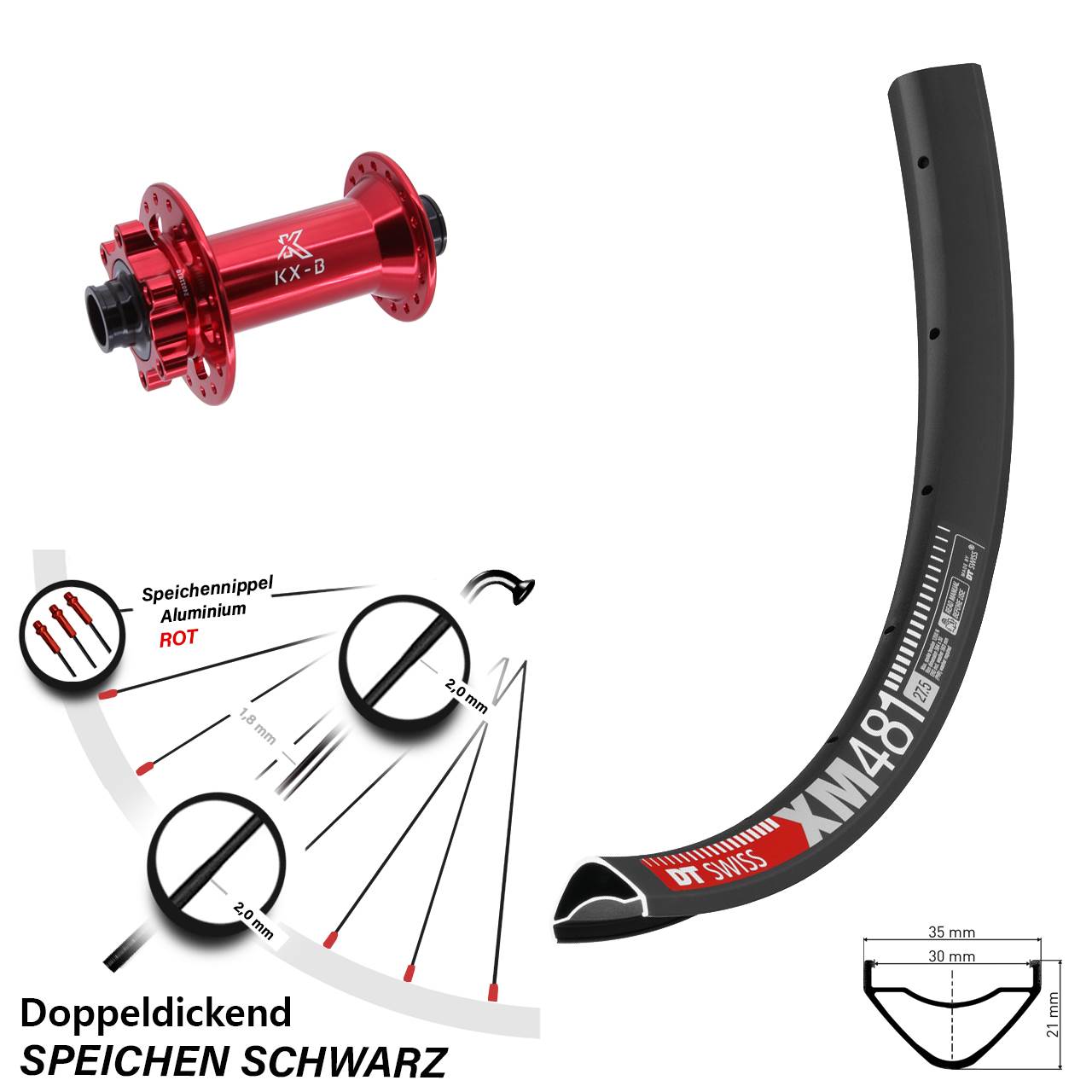 Vorderrad 27,5 Zoll DT Swiss XM 481 KX-B rot 6-Loch Boost