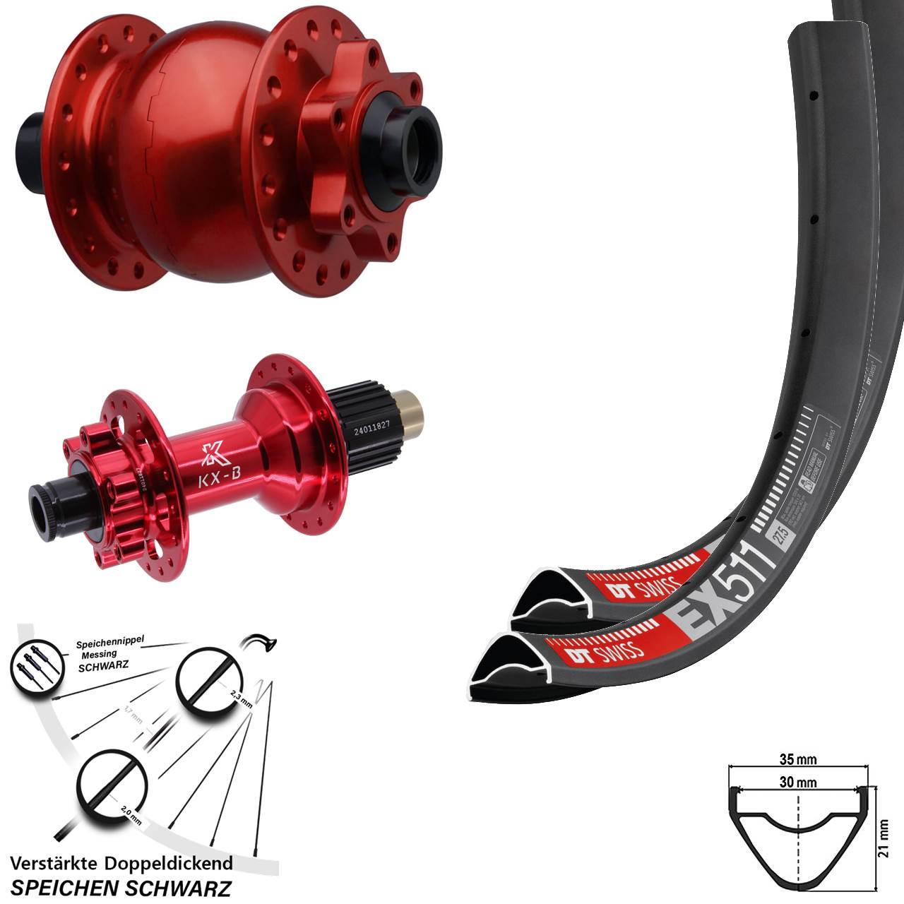 6-Loch Laufradsatz 27,5 Zoll DT Swiss EX 511 KX-B rot SON 28 Micro Spline 15x110 12x148