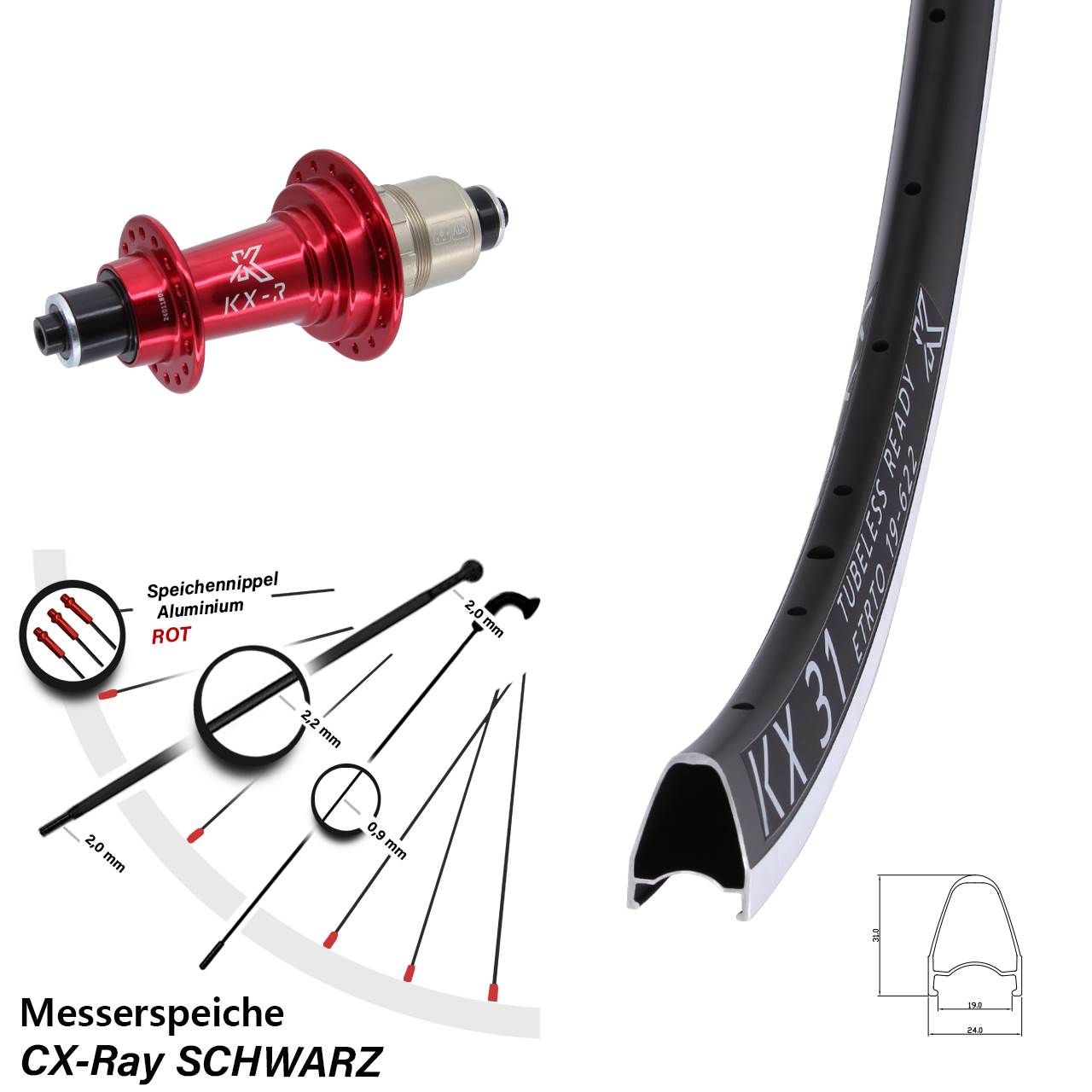 28 Zoll Hinterrad KX-R 31 rot Schnellspanner CX-Ray Sram XDR
