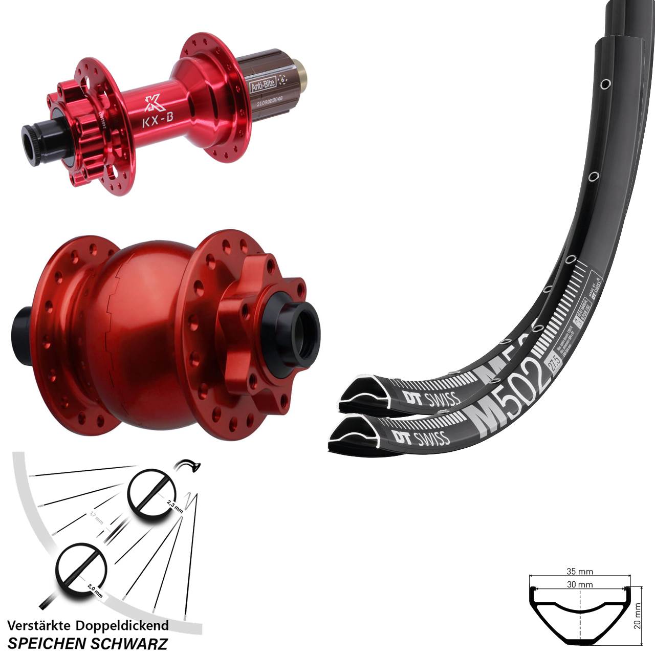 29 Zoll DT Swiss M502 KX-B rot SON 28 6-Loch Laufradsatz 15x110 12x148 8-12 fach