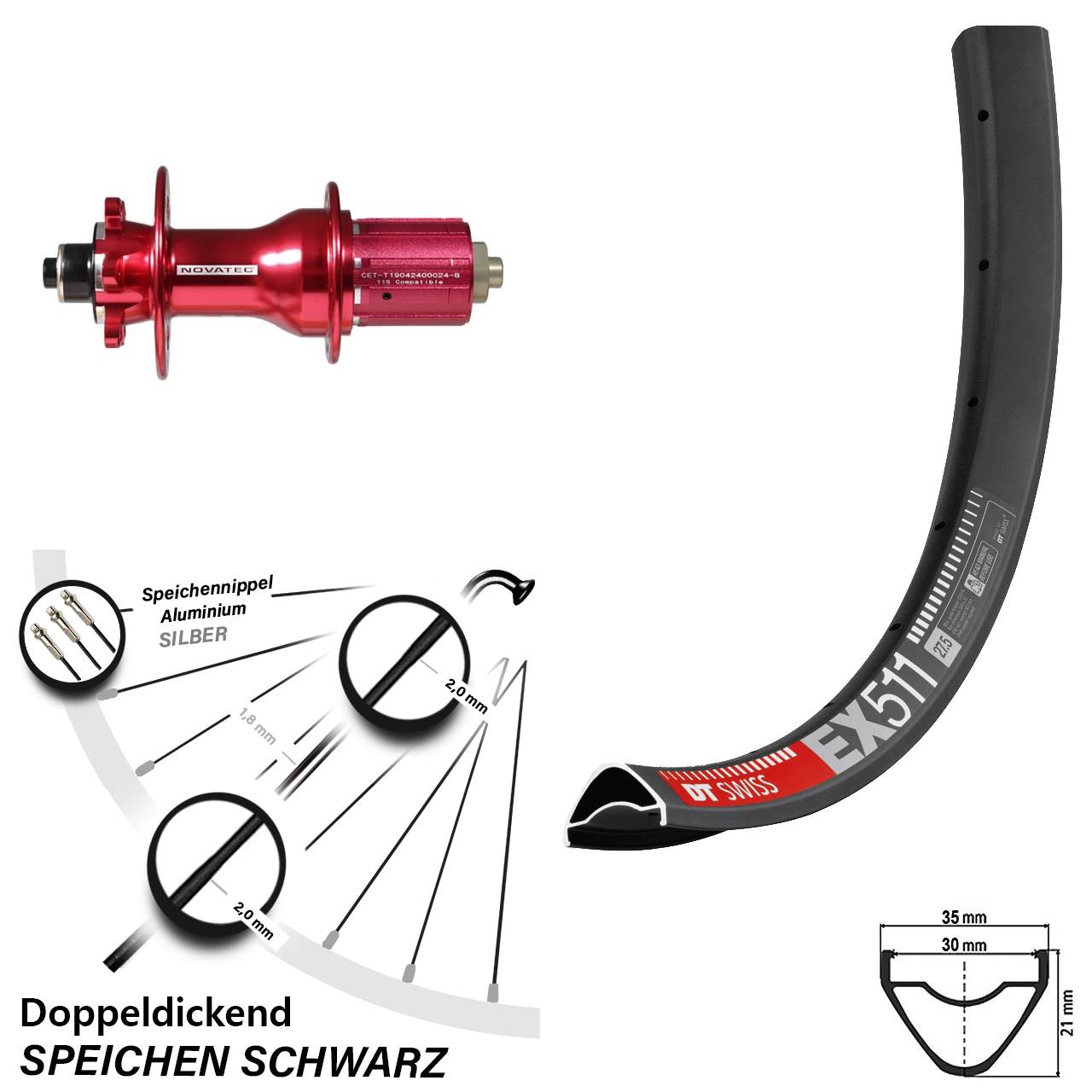 DT Swiss EX511 Novatec D792 29 Zoll 6-Loch Hinterrad für Schnellspanner 8-12 fach