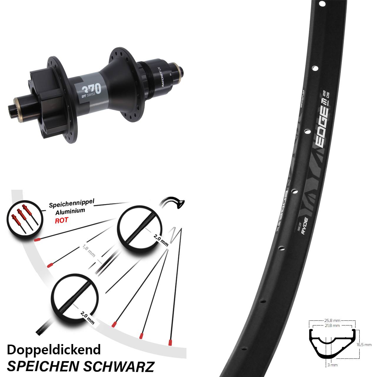 Ryde Edge M22 OS DT Swiss 370 29 Zoll 6-Loch Hinterrad QR XD