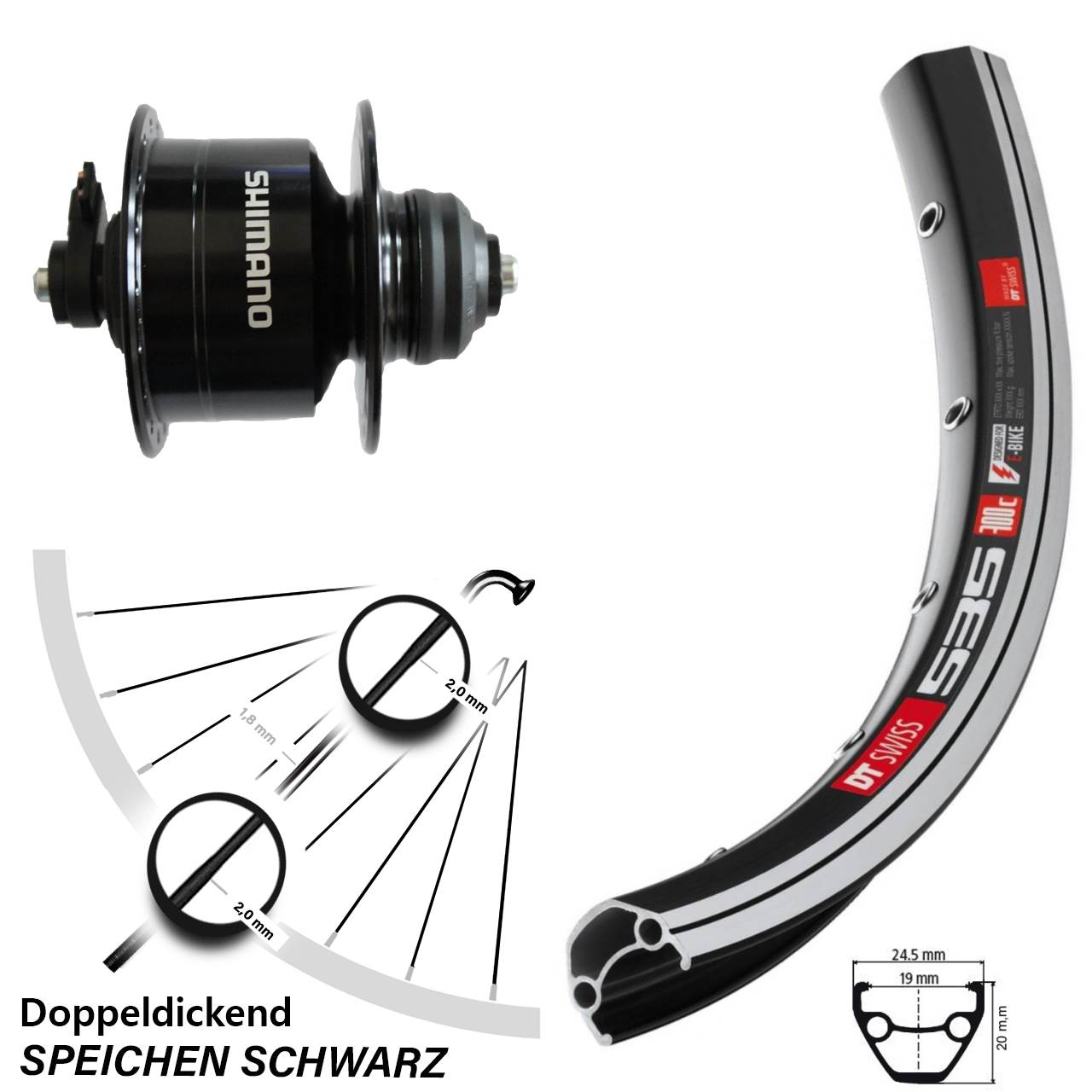 Nabendynamolaufrad Shimano DH-3D72 DT Swiss 535 28 Zoll