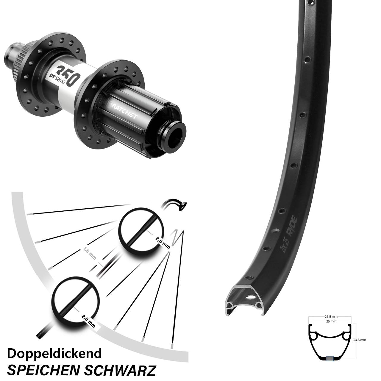 Hinterrad 28-29 Zoll Ryde ZAC 25 DT Swiss 350 12x142 Centerlock 8-11 fach HG
