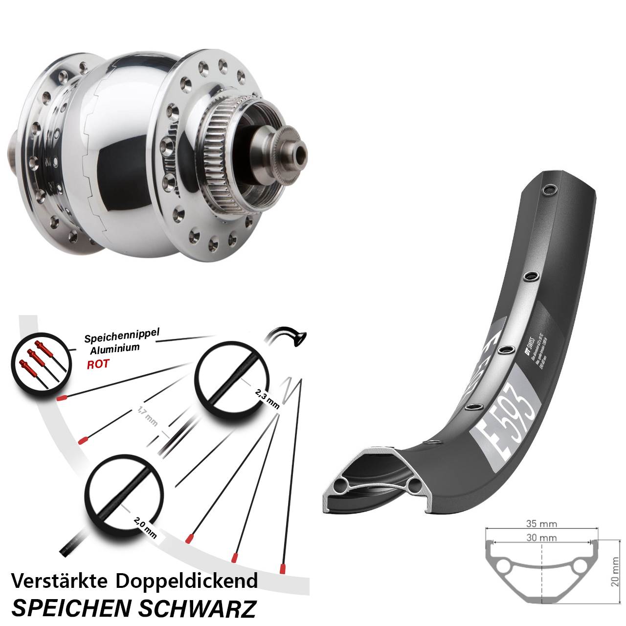 27,5 Zoll DT Swiss E 593 SONdelux Disc Nabendynamolaufrad für Schnellspanner
