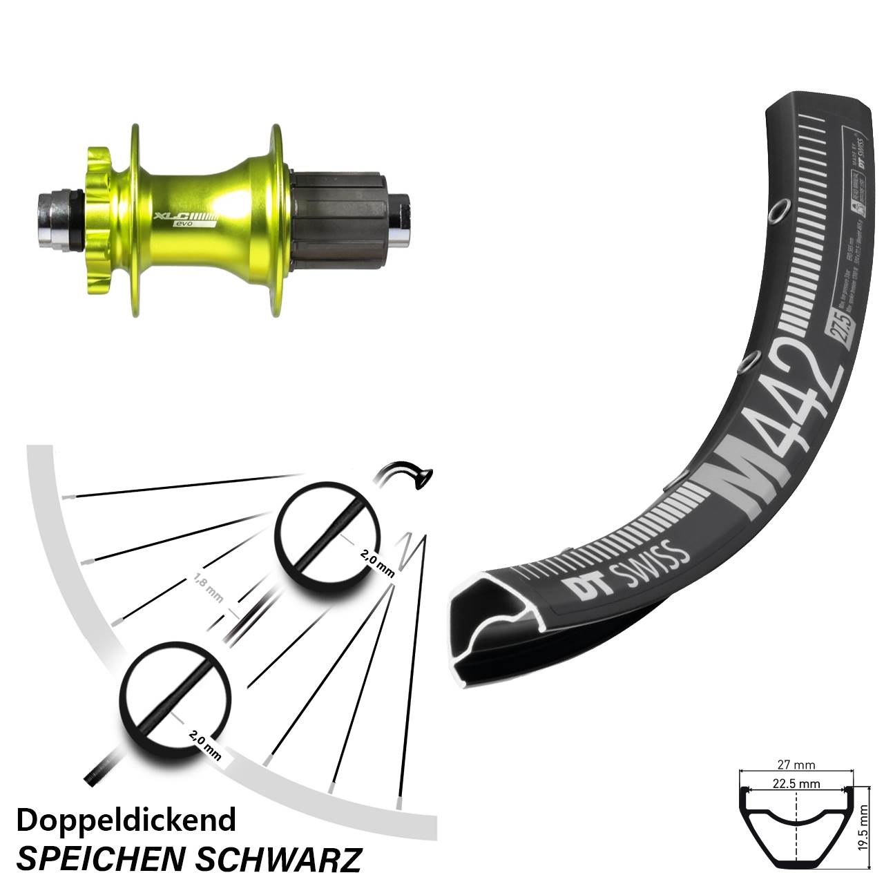 DT Swiss M 442 Disc-Hinterrad 29 Zoll XLC Evo 12x142 mm grün eloxiert 8-11 fach