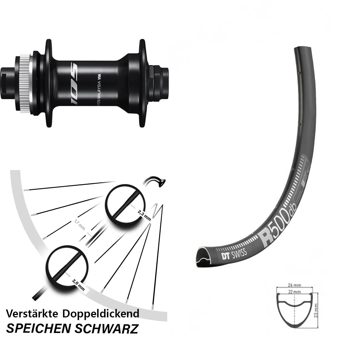 Shimano 105 HB-R7070 DT Swiss R 500 Vorderrad Road Disc 28-29 Zoll 12x100 mm