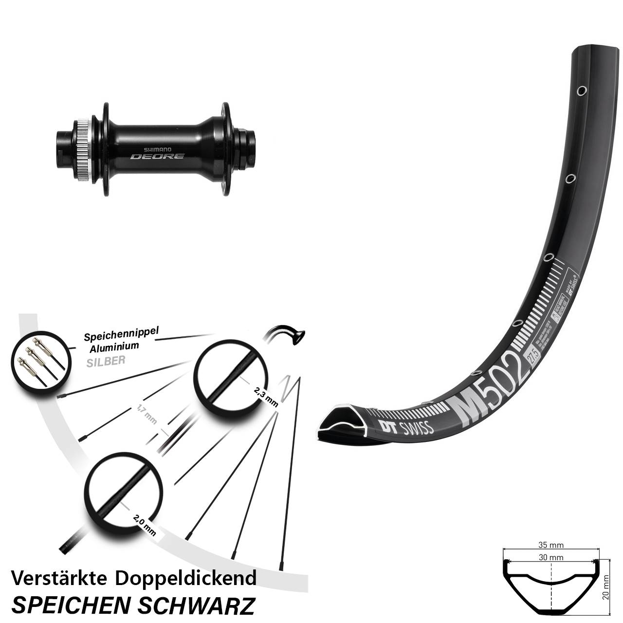 27,5 Zoll DT Swiss M502 Shimano Deore HB-M6010 Disc Laufrad 15x110 Boost