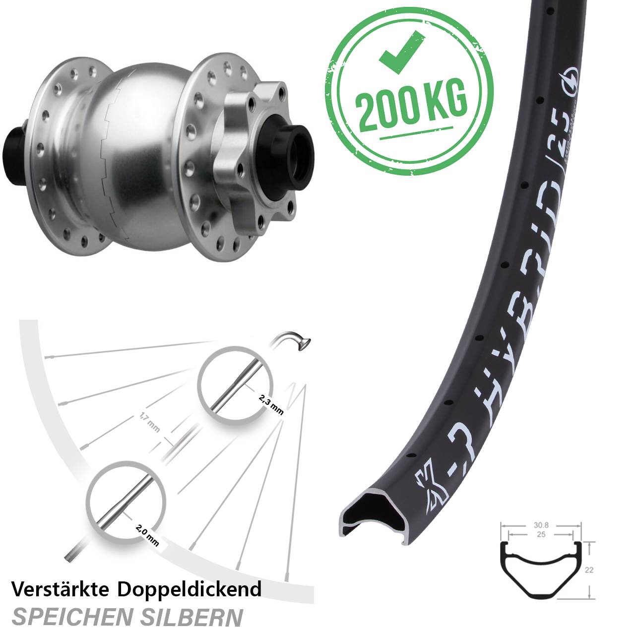 Boost 15x110 mm Dynamo SON 28 silbern Vorderrad 29 Zoll KX-R Hybrid 25 Disc