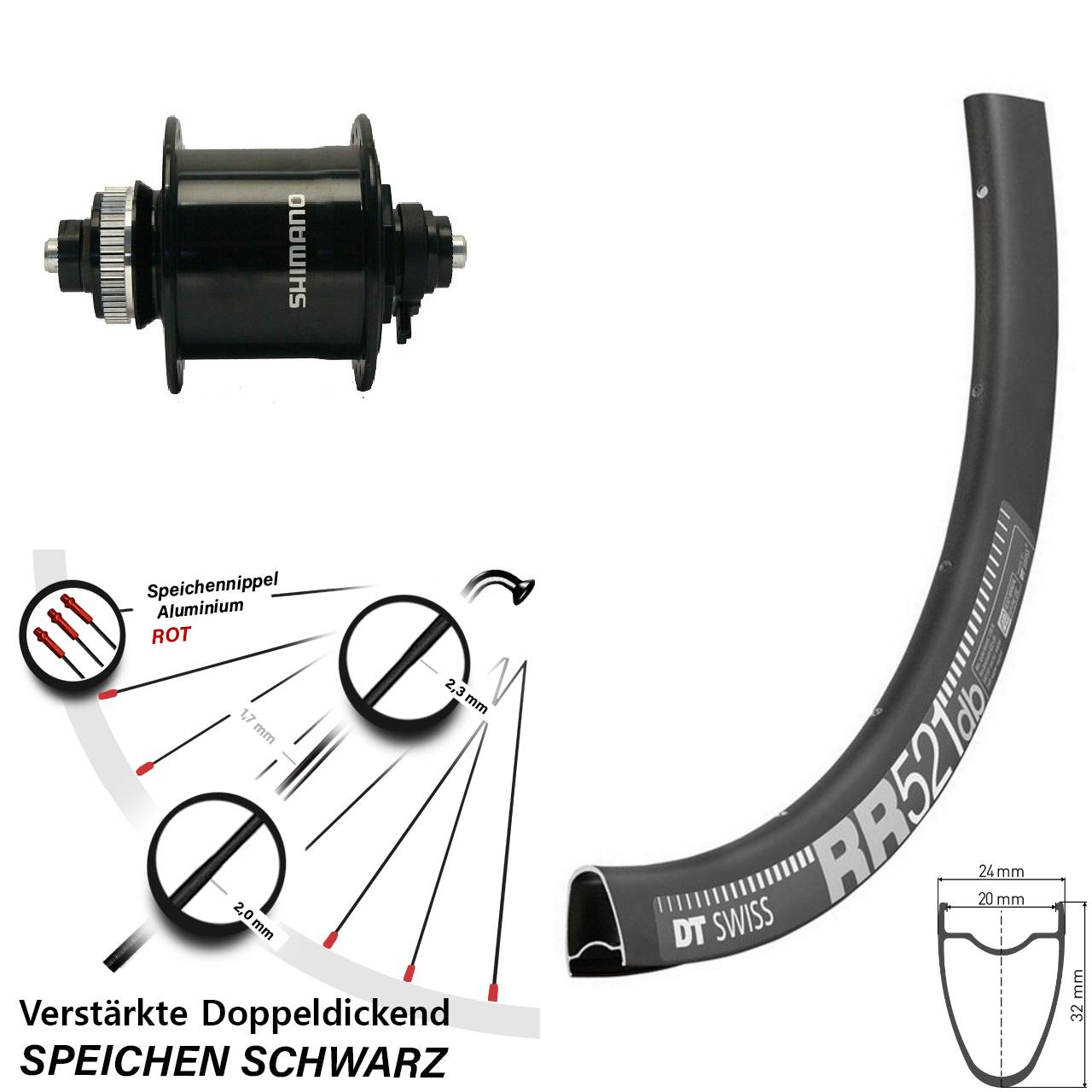 28 Zoll DT Swiss RR521 Shimano DH-UR700-3D Disc Nabendynamolaufrad QR