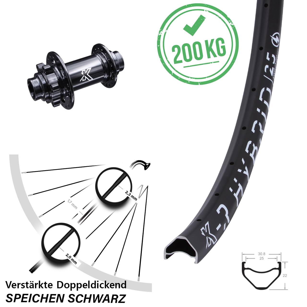 26 Zoll Vorderrad DH verstärkt 20x110 mm Steckachse KX-M schwarz 6-loch